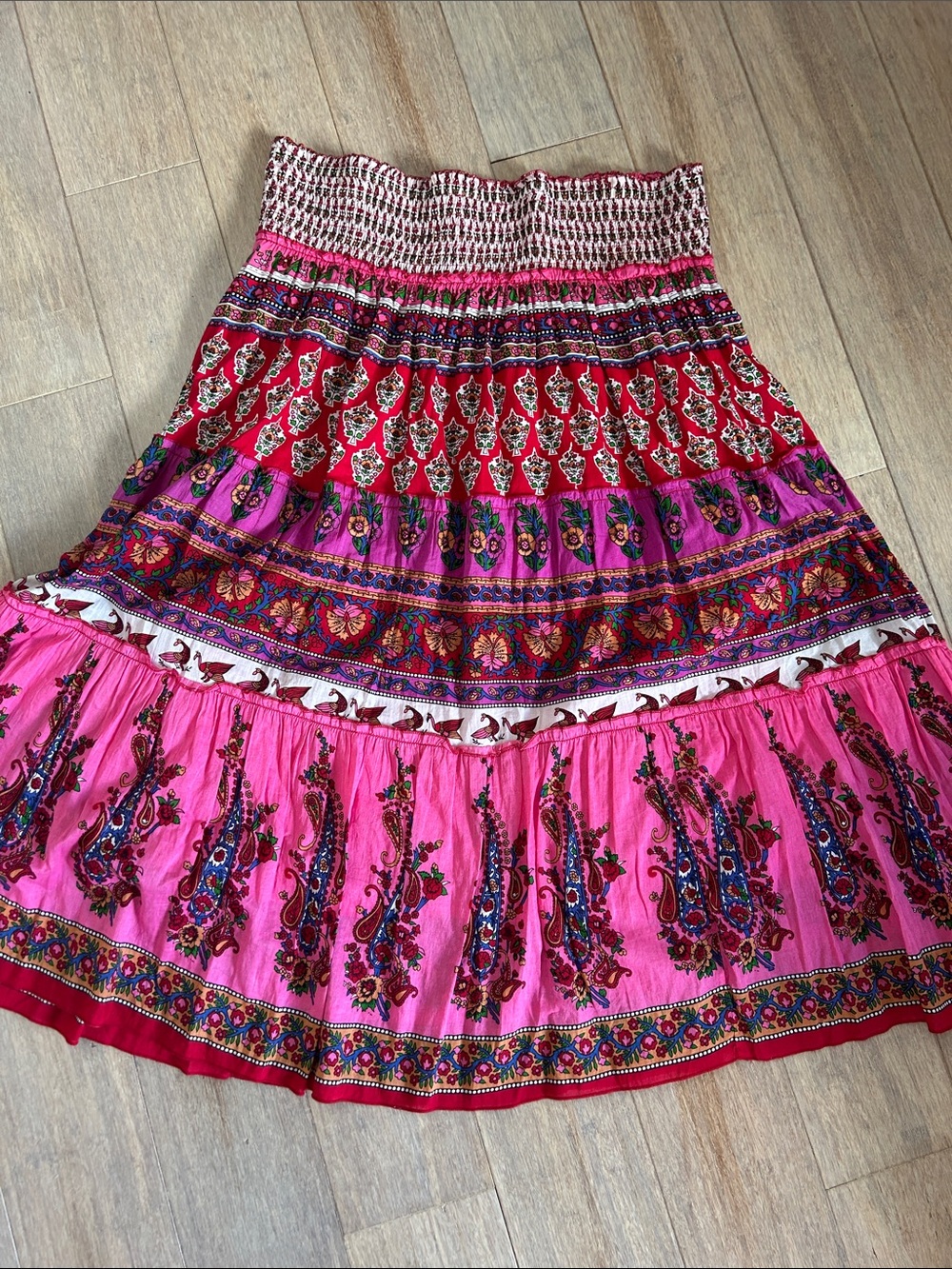 Bohemian Cotton Pink Floral Tiered Maxi Skirt size L ruched waist lined